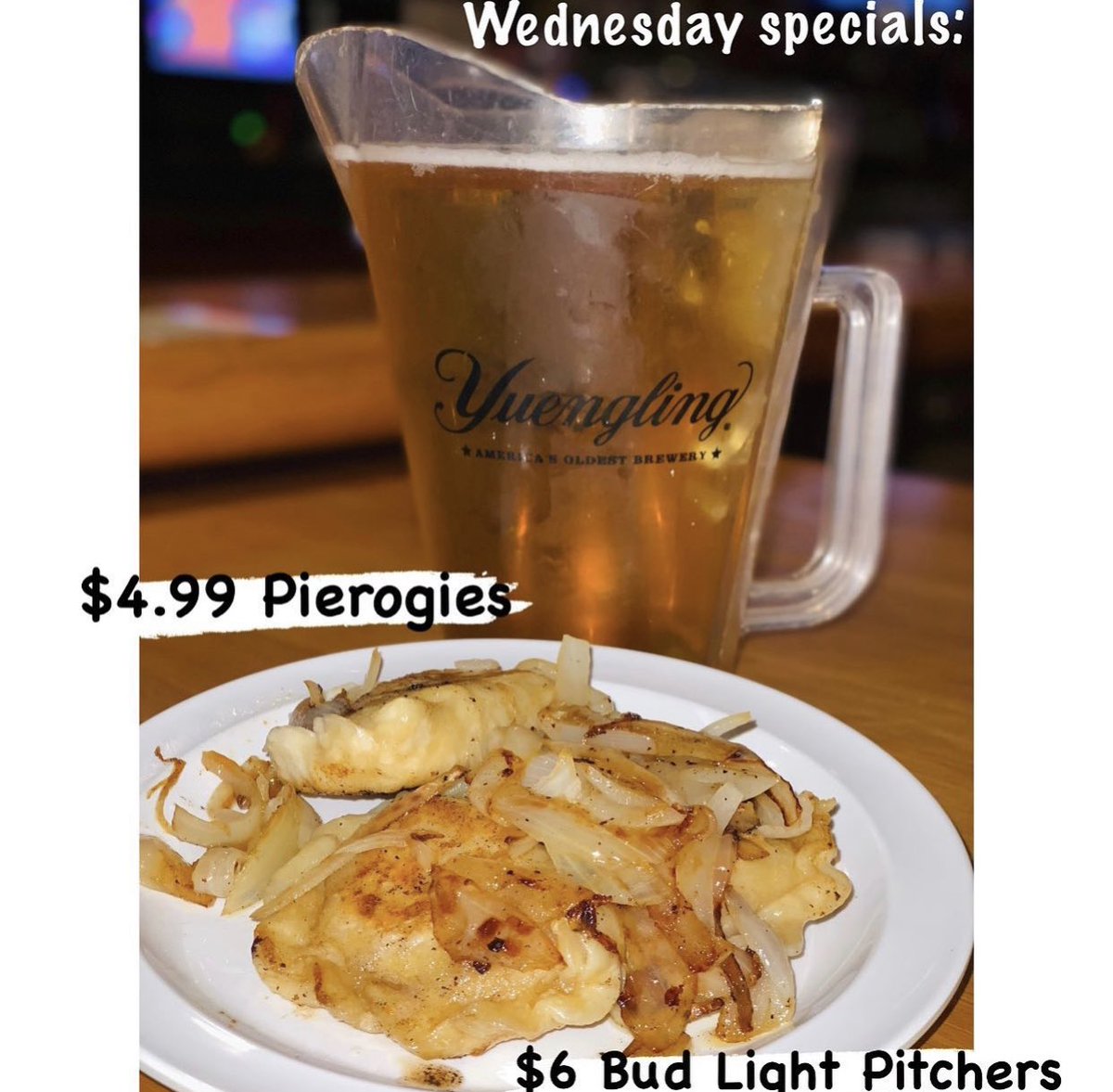 JiggersPub's tweet photo. WEDNESDAY:
 
(Still not Friday)...

BUT, it means homemade PIEROGI DAY 🥟

•$4.99 Pierogies
•$6 Bud Light Pitchers 

Half-way to the weekend folks 🍺

#jiggerspub #Pierogies #budlight https://t.co/MA4NuRNkcD