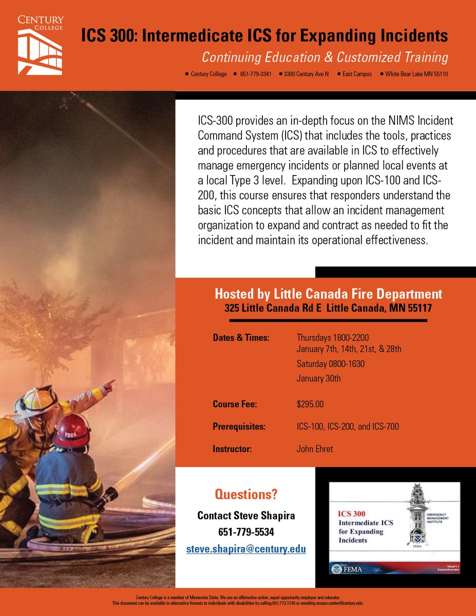 CenturyCECT's tweet image. Register for ICS-300: mnscu.rschooltoday.com/public/costopt…

#centurycollege #ICS #ICS300 #continuingeducation #Firefighter #MNFirefighter
