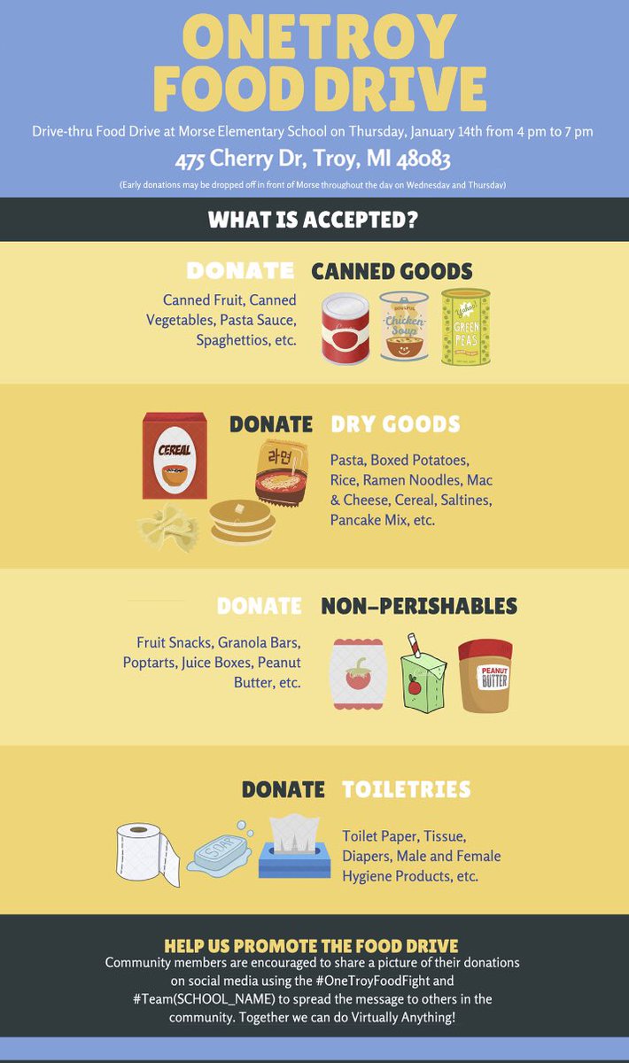Athens Class of 2022 (@2022athens) on Twitter photo ‼️‼️OneTroy Food Drive happening next week-January 13 and 14! Please drop off any food you can to Morse Elementary! Your contribution will go a long way in making a difference in the lives of local families! #onetroyfoodfight <a href="/AthensStuco/">Athens StuCo #redhawkpride</a> <a href="/athens_pto/">Athens PTO</a> ‼️‼️OneTroy Food Drive happening next week-January 13 and 14! Please drop off any food you can to Morse Elementary! Your contribution will go a long way in making a difference in the lives of local families! #onetroyfoodfight <a href="/AthensStuco/">Athens StuCo #redhawkpride</a> <a href="/athens_pto/">Athens PTO</a>