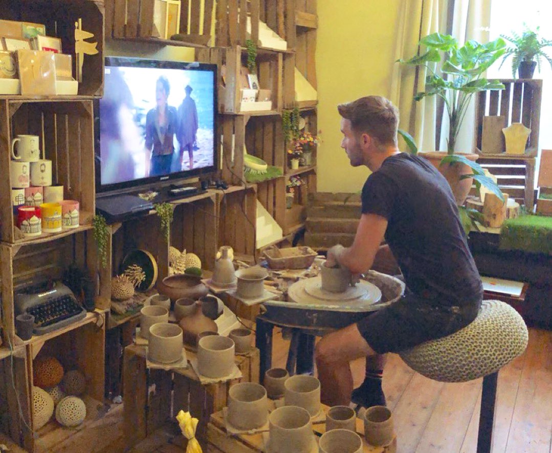 We don’t have a studio! So  @AdamCeramic moves his wheel around the house and garden when potting... yes the clay does get everywhere 