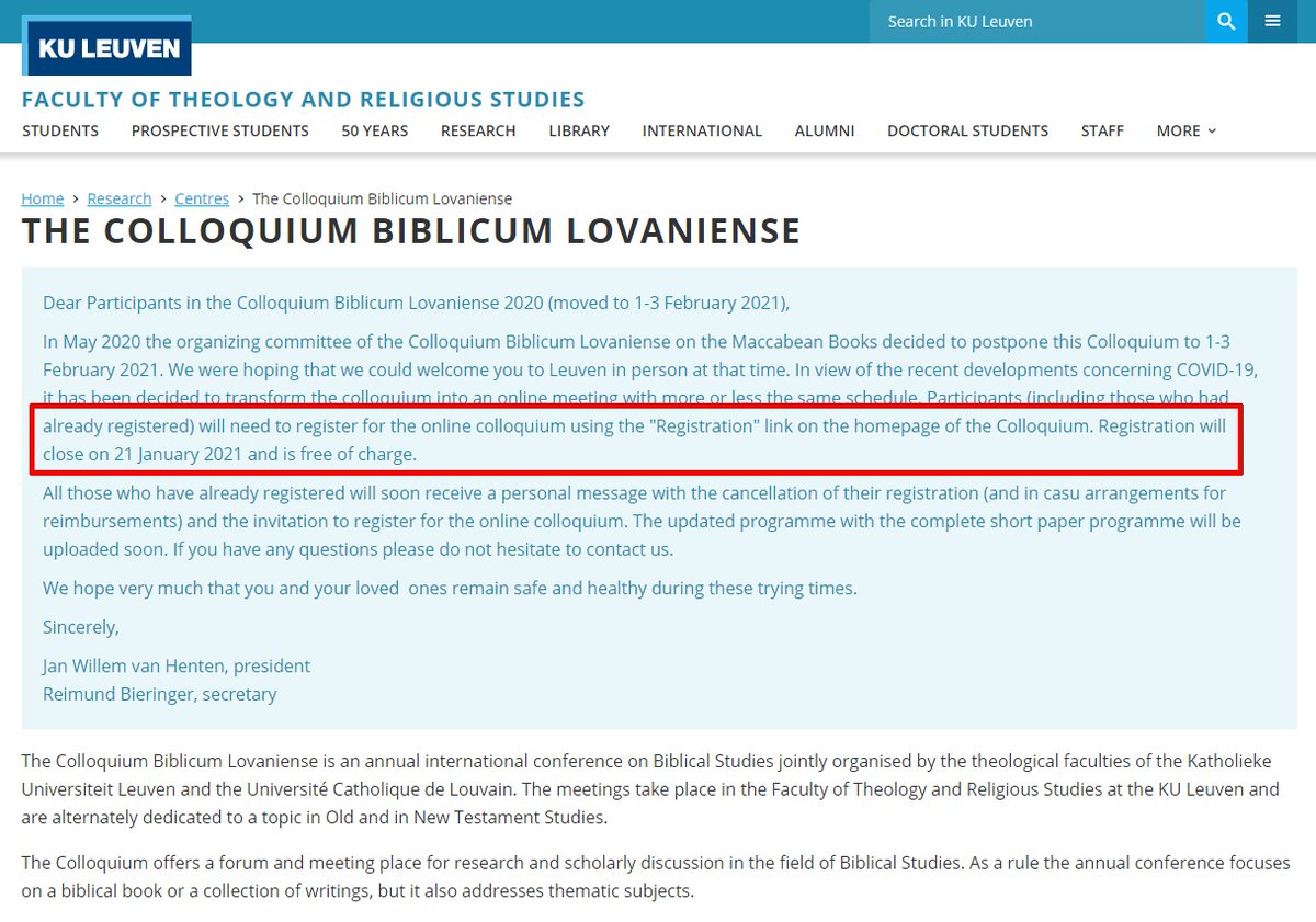 austinecrasta's tweet photo. The #Colloquium Biblicum Lovaniense LXIX (1-3 February 2021) on 'The Books of Maccabees' has moved online and is free to register (required). Registration closes soon. Programme and registration at:
https://t.co/fY7jRidU8Z

#biblicalstudies #conference #leuven https://t.co/KiRQAfuwAZ