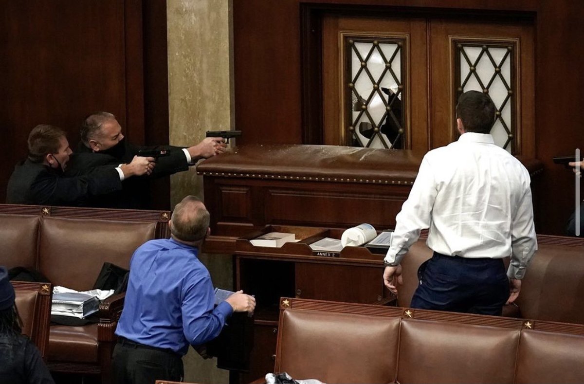 - 1 person shot 
- At least 1 bomb found on Capitol grounds
- Congressional chambers &amp; offices breached by Trump supporters
- Tear gas deployed
- Capitol on lockdown 

This is America Today.