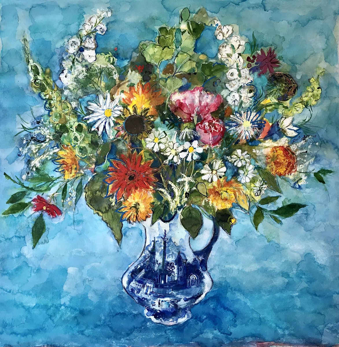 Two paintings that can still be viewed (online for now) @kilmorackgallry near Beauly. Rouen Cathedral and a large bunch of summer abundance from the garden!  They are only up there for a little while. #rouen #cathedral stilllife #flowers #exhibition #Beauly #Highlands #painting