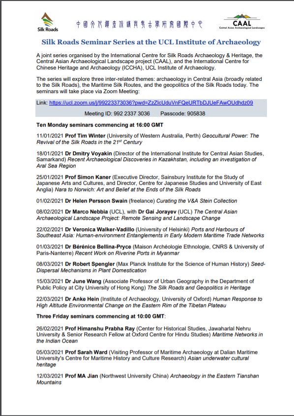 New series of Silk Road lectures at UCL - weekly lectures on Mondays or Fridays - starts 11 Jan 2021 with Tim Winter on “The curious geographies of the Silk Roads” (hope this will go on a web-page soon!) <a href="/ucl/">UCL</a> @uclcaal