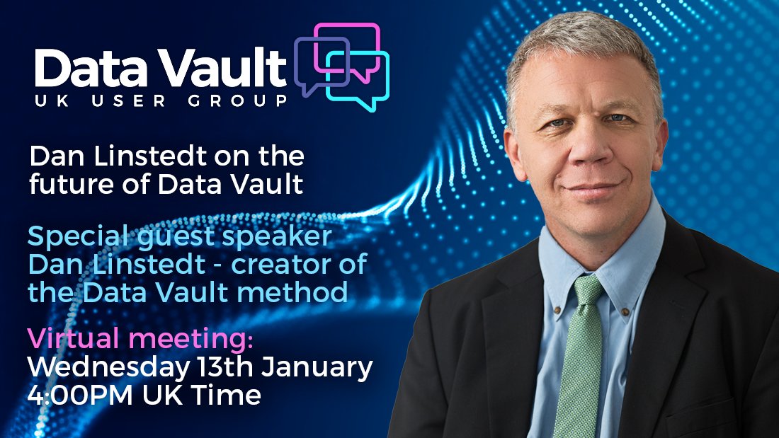 Why not start the year by listening to @dlinstedt on the future of Data Vault on Jan 13
Dan is the inventor of Data Vault and visionary in the #EnterpriseDataWarhouse and #Analytics space. 
meetup.com/UK-Data-Vault-…
#DataVaultAlliance #DVA #LearnDataVault #AgileDW