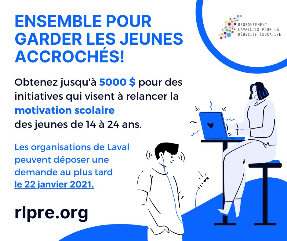ircLaval's tweet photo. Des coups de pouce financiers offerts aux organisations de #Laval pour soutenir la #motivation des jeunes en ces temps incertains! Déposez une demande au plus tard le 22 janvier 2021!
https://t.co/7v6H7GMwAr
#RLPRE #CBAJ #réussiteéducative #persévérancescolaire https://t.co/syNCPVzhNO