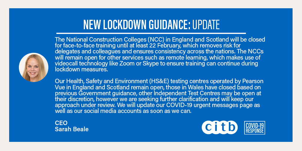 In our first weekly update of 2021, @SarahB_CITB has news about what the new lockdowns mean in terms of the CITB services that remain in place for you; National #Construction Colleges, and HS&amp;E testing centres.

Click here for the full update 👉  bit.ly/3rXK5EB
