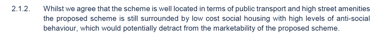 PeoplesAudit's tweet photo. This is what Homes for #Lambeth's advisors Savills think of social housing in their viability assessment @fenwick_place 
"the...scheme is still surrounded by low cost social housing with high levels of anti-social
behaviour, which would potentially detract from the marketability" https://t.co/wcVpYJl1oS