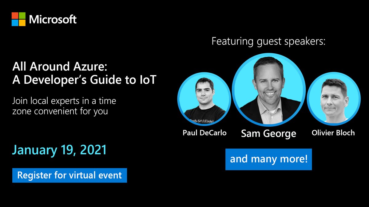 obloch's tweet image. We have curated a guided learning journey for #IoTDevs interested in certification and wanting to explore #Azure services. Sign up for the #AllAroundAzure virtual event on January 19 to take part. bit.ly/37fZ7gI #MSIoT