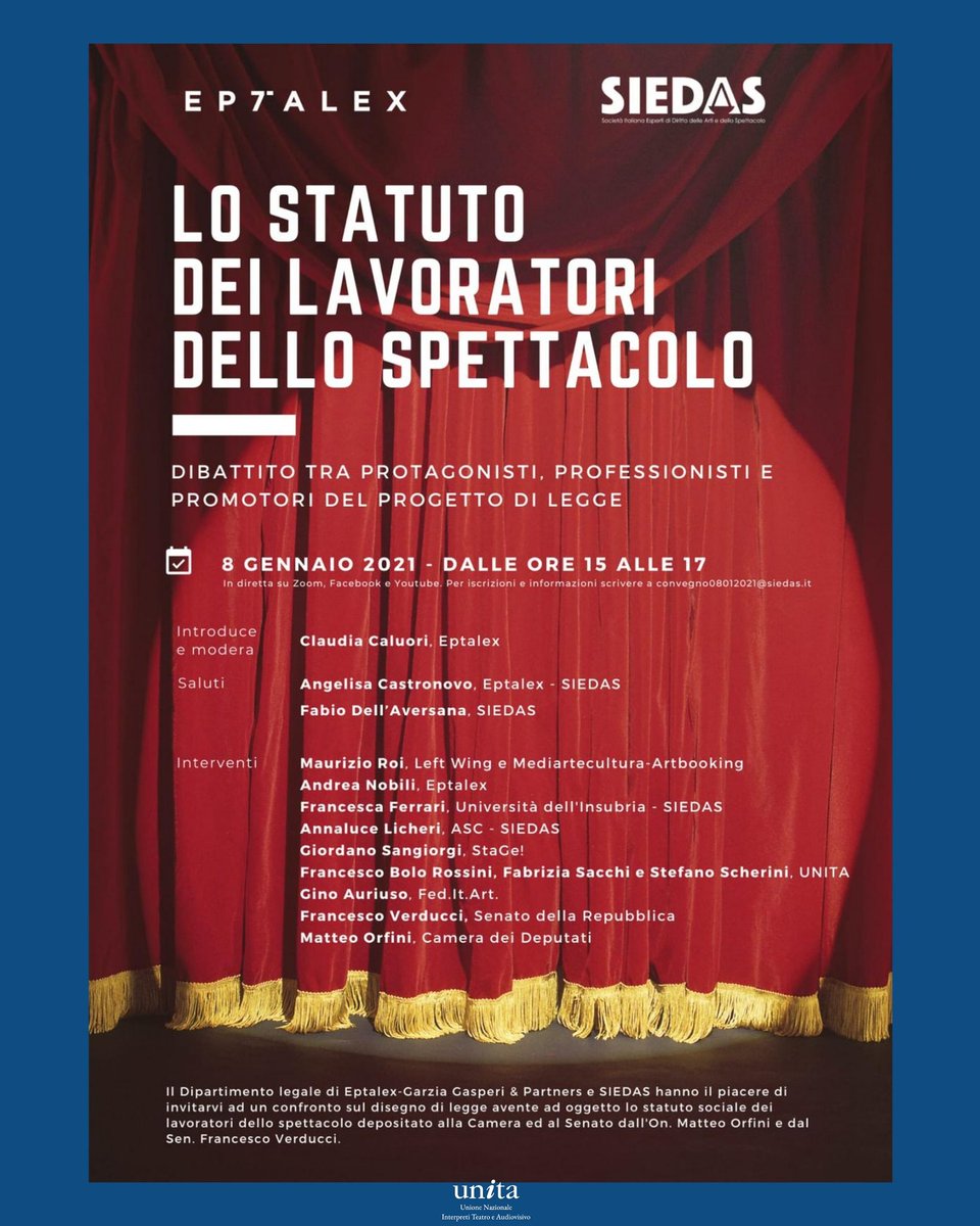 ass_unita's tweet photo. ➡️8 gennaio 2021 dalle ore 15 alle ore 17⬅️ importante appuntamento con #Eptalex e #SIEDAS per un dibattito sul #ddl relativo allo statuto sociale dei #lavoratoridellospettacolo. Per #UNITA saranno presenti #francescobolorossini , @FabriziaSacchi e #stefanoscherini https://t.co/0B3HMSFi4J