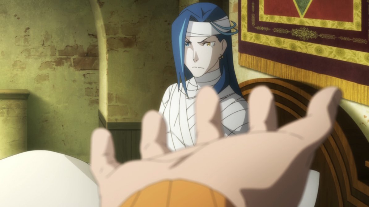 The visual direction places Roswaal below Subaru, makes him small and puts him literally inside Subaru's palm, showing how Subaru now seems on top of things.But the significant thing here is the line "This power isn't even that useful".