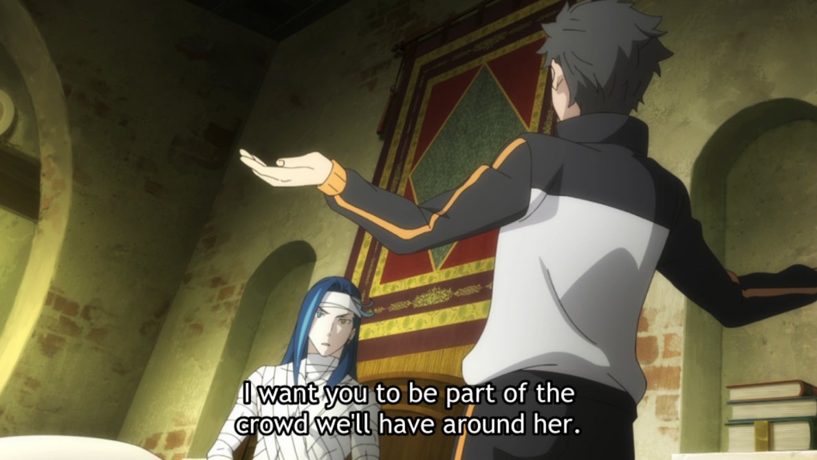 The visual direction places Roswaal below Subaru, makes him small and puts him literally inside Subaru's palm, showing how Subaru now seems on top of things.But the significant thing here is the line "This power isn't even that useful".