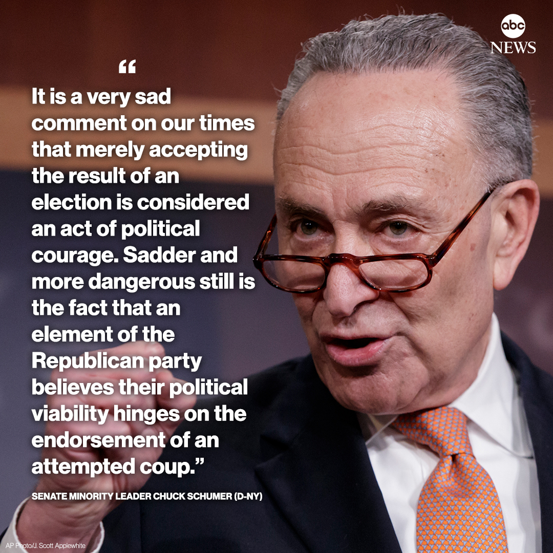 ABC's tweet photo. Sen. Chuck Schumer scolds GOP lawmakers' votes against Electoral College certification: "It is a very sad comment on our times that merely accepting the result of an election is considered an act of political courage." https://t.co/qHfgIcDeGW https://t.co/Giy0agfd6c