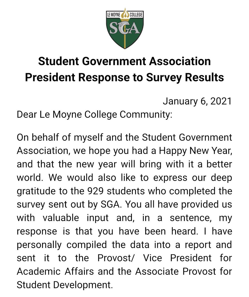 lemoyneSGA's tweet photo. Thank you to all who participated in the Post-Semester Survey. A message from Danny Bonsangue, SGA President: https://t.co/4HBlKraRjt