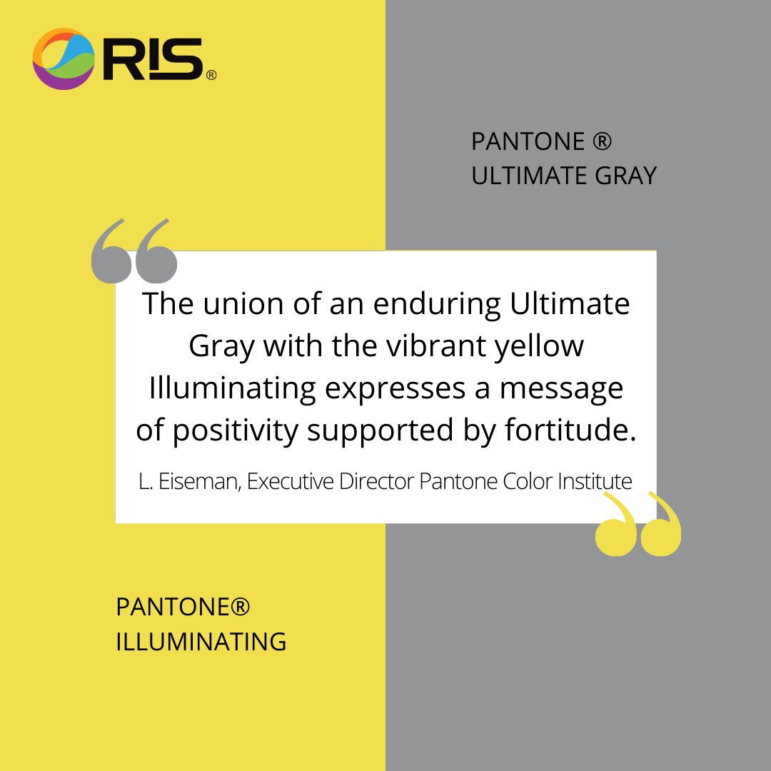 Every year #Pantone® announces a color of the year, this year, it was 2: 'Ultimate Gray' &amp; 'Illuminating.' Many inkjet printers use CMYK inks to make different colors and would use 7% C, 6% M, 82% Y, 0% K to make 'Illuminating' and 45% C, 36% M, 36% Y, 1% K for 'Ultimate Gray.'