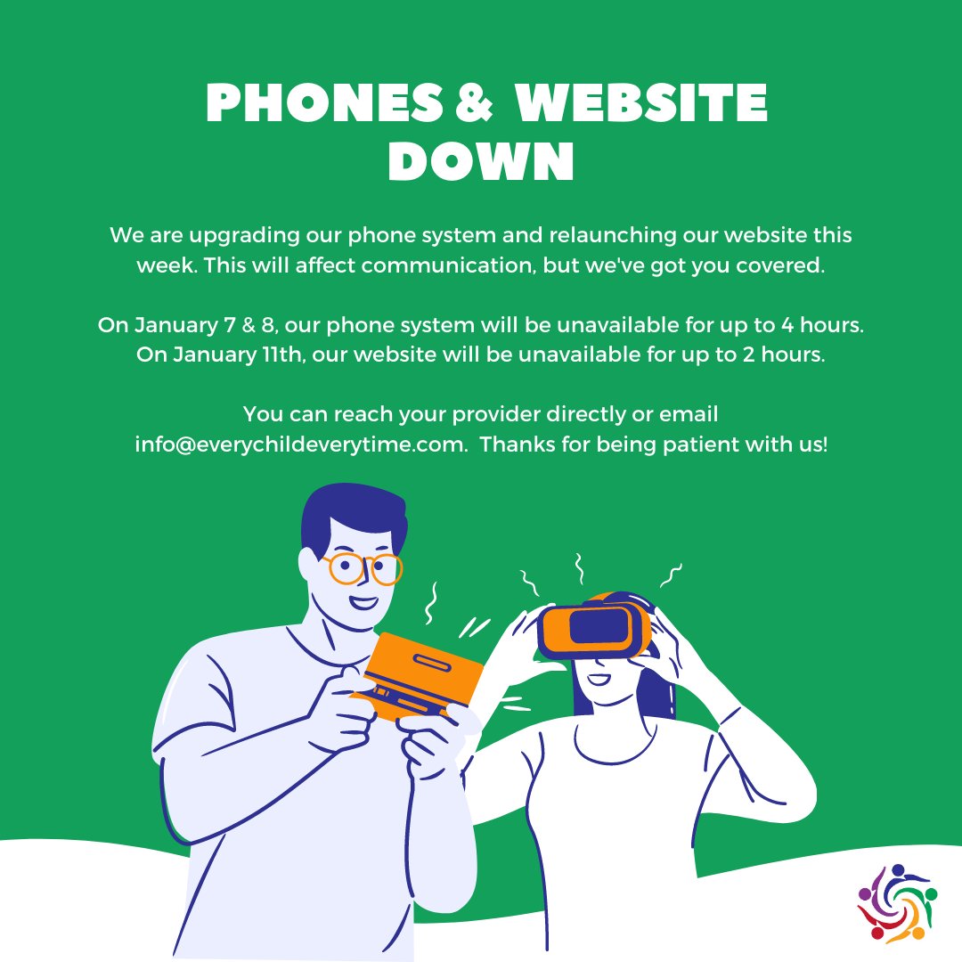 CICS is undergoing big changes right now, and two of them are happening this week!

If you have issues accessing our website or calling us, please email info@everychildeverytime.com or reach out to your provider directly.