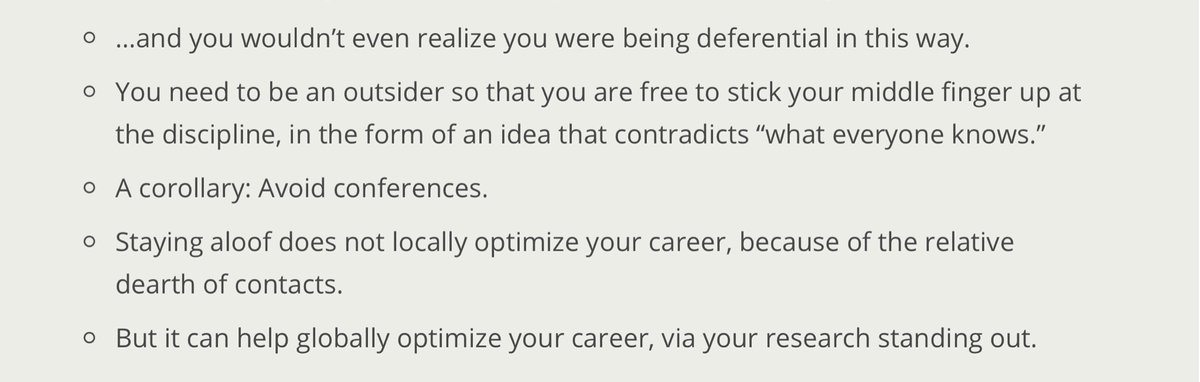 9/ I used to give advice on how to remain independent within such communities and narratives, including being “aloof.” The motivation then was optimizing one’s own creativity & independence, and not on the disease that occurs at the community level. https://www.benchfly.com/blog/the-7-requirements-of-all-effective-scientists/