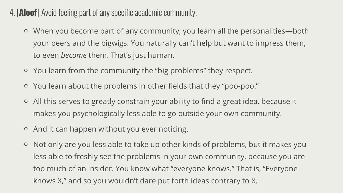 9/ I used to give advice on how to remain independent within such communities and narratives, including being “aloof.” The motivation then was optimizing one’s own creativity & independence, and not on the disease that occurs at the community level. https://www.benchfly.com/blog/the-7-requirements-of-all-effective-scientists/