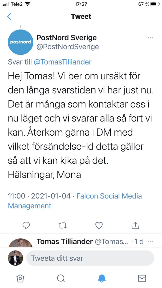 TomasTilliander's tweet photo. @PostNordSverige ”skriv till oss genom DM” Tack det är gjort men sen då? Inga förklaring om 7 dagar på samma ställe o nu 7 dagar till utan att veta var paketet är. Tack för ingen hjälp alls o era dåliga ursäkter o att ni svarat mig?!??. #dåligt #trist #dåligaursäkter https://t.co/SeQ1t1JnTE