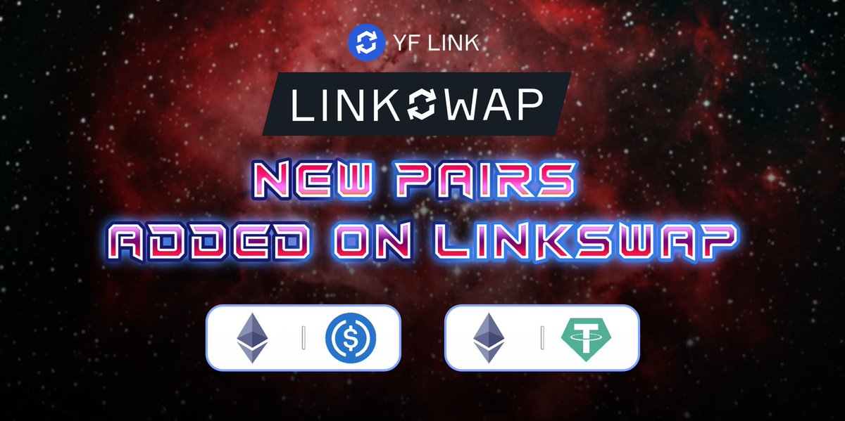 varenfinance's tweet photo. NEW PAIRS!!! ⚡️⚡️⚡️

You can now trade ETH/USDC and ETH/USDT on LINKSWAP 💲💸

Swap more stablecoins on https://t.co/nNcHg29CbK 

$YFL $ETH $USDC $USDT https://t.co/sqLVKDCZfb