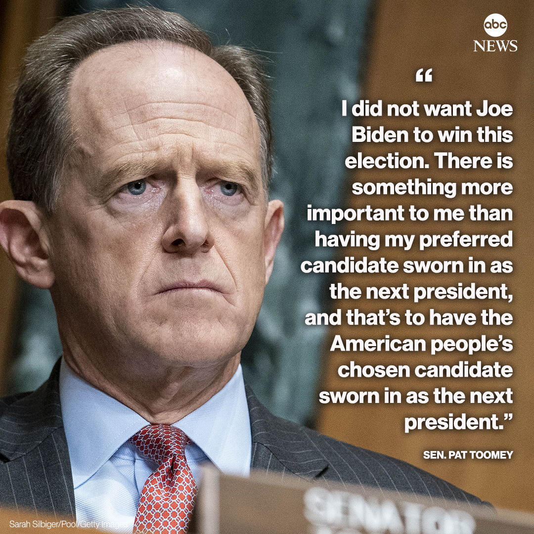 ABC's tweet photo. Sen. Pat Toomey defends electoral process: "There is something more important to me than having my preferred candidate sworn in as the next president, and that’s to have the American people’s chosen candidate sworn in as the next president." https://t.co/6Mrm54s8Ra https://t.co/h9YQH96UnT