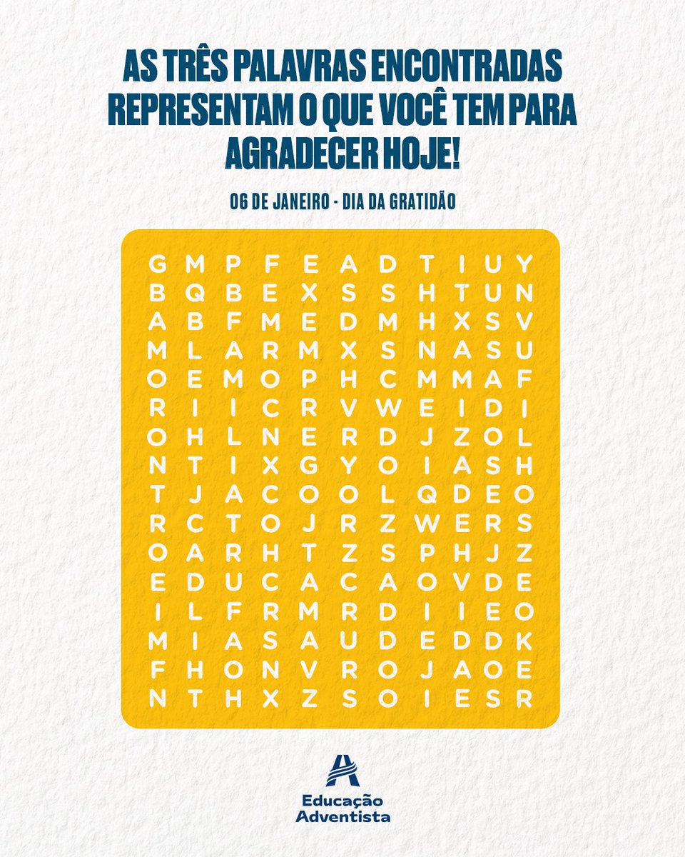 casjp_asp's tweet photo. O Dia da Gratidão é comemorado na primeira semana do ano e foi criado para lembrar você de agradecer por tudo que está à sua volta. 🙏
Quais foram as três primeiras palavras que você encontrou? Conte para a gente! 👇 https://t.co/tkkTcnPWeJ