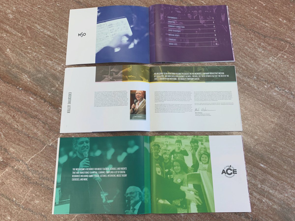 BeckerDesignWI's tweet photo. We received the latest MSO annual report. It never loses its thrill to get the printed piece! The design features a new logo, and some signature pops of color. Their new virtual season will be something to be remembered! 

#annualreportdesign #logodesign #branding #beckerdesign https://t.co/25wzkc94vh