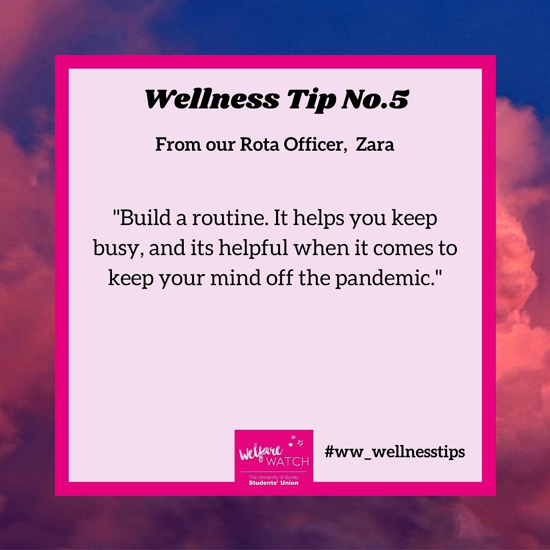 welfare_watch's tweet photo. Here's a great tip to keep well.
Remember you are not alone in this. Our DM's are always open! Make sure you stay in contact with your loved one's, and look out for eachother.

Use the hashtag #ww_wellnesstips to share your wellness tips

#surreyuni #universityofsurrey https://t.co/ZzQSgoTZM5