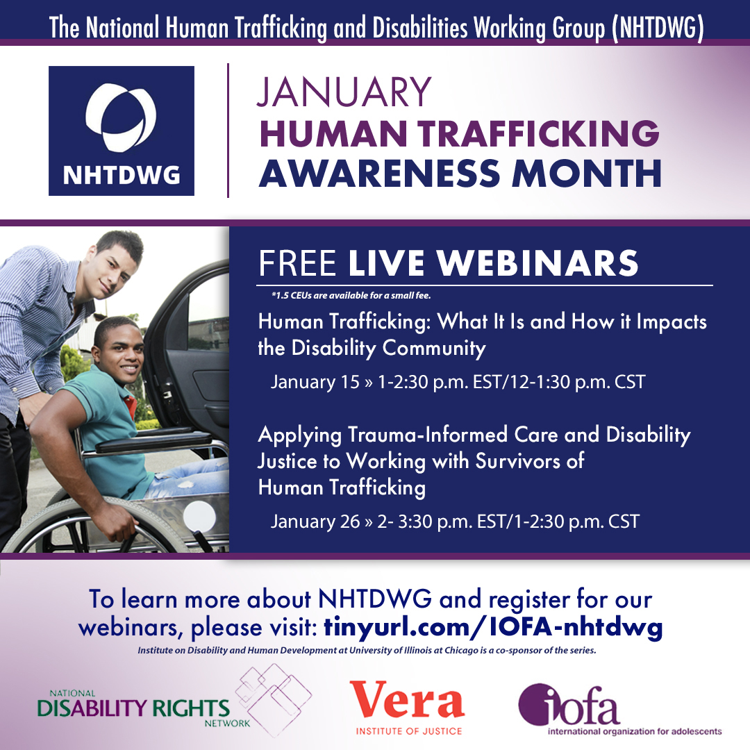 NHTDWG's tweet photo. Happy #JanuaryHumanTraffickingAwarenessMonth! To celebrate, we are co-hosting a webinar series for the disability community on the intersection of human trafficking and disability. Please join us for these free webinars! 

For more info: https://t.co/JR4AG8NBYK https://t.co/KlBy1ML24U