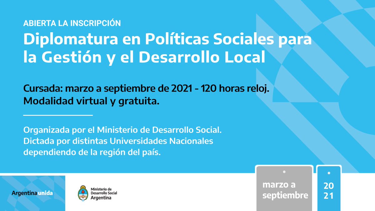 Esta abierta la inscripción a la Diplomatura en Políticas Sociales para la Gestión y el Desarrollo Local, para las y los trabajadores de gobiernos locales cuyas funciones sean en desarrollo social y humano. Es para todos los municipios: bit.ly/3ojqGf2 #ArgentinaUnida