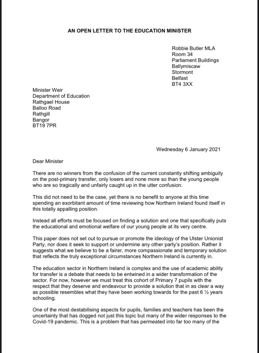 RobbieButlerMLA's tweet photo. My open letter to @peterweirmla that offers a solution for the current transfer test impasse for P7 which has become untenable for those who are entered. I believe this is a considered compassionate and fair solution which will require political will and sector support @uuponline https://t.co/XMC8asKv95