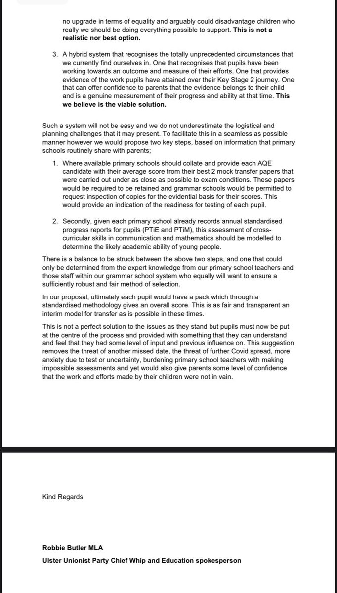 RobbieButlerMLA's tweet photo. My open letter to @peterweirmla that offers a solution for the current transfer test impasse for P7 which has become untenable for those who are entered. I believe this is a considered compassionate and fair solution which will require political will and sector support @uuponline https://t.co/XMC8asKv95