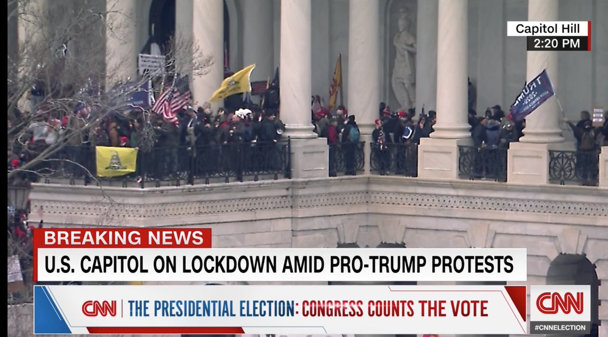 SunsaraTaylor's tweet image. Trump's mobs &amp;amp; thugs have made it past police lines. Barricades busted down. Up on the steps of Capitol. Climbing the outside of the building.

Where is the police kettling? The sound-cannons? The flash-grenades? The tear-gas?

All things that were common against BLM protesters?