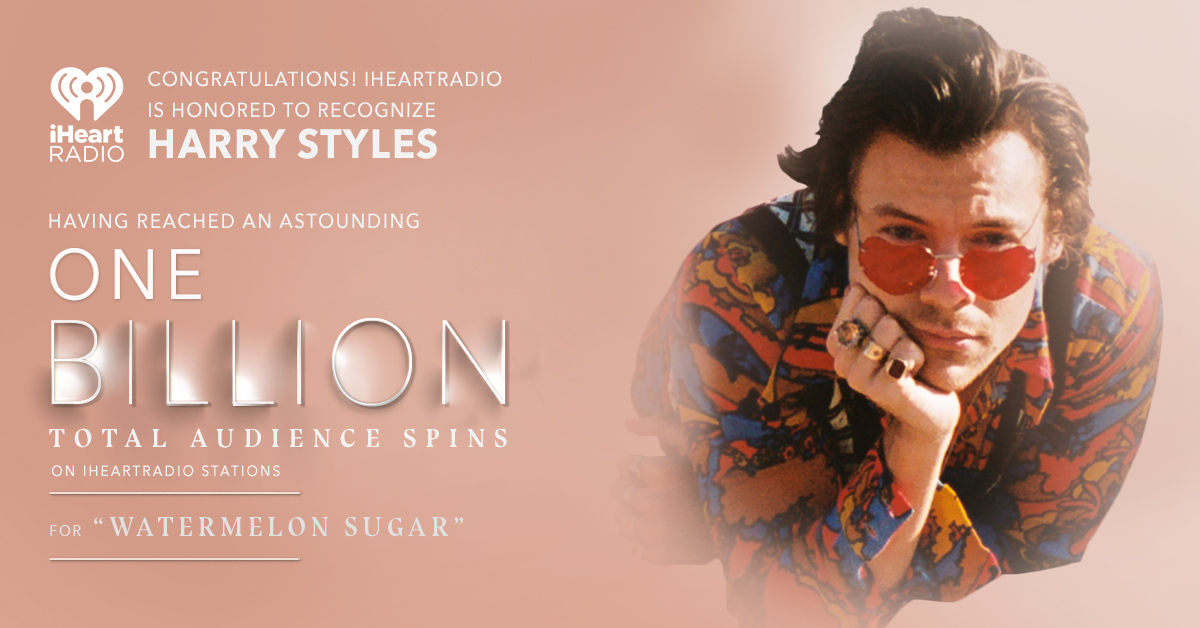 ✨ ONE BILLION SPINS ✨

Congratulations to <a href="/Harry_Styles/">Harry Styles.</a> for having reached one billion total audience spins on iHeartRadio stations for his song "Watermelon Sugar"

Listen: ihr.fm/WatermelonSugar