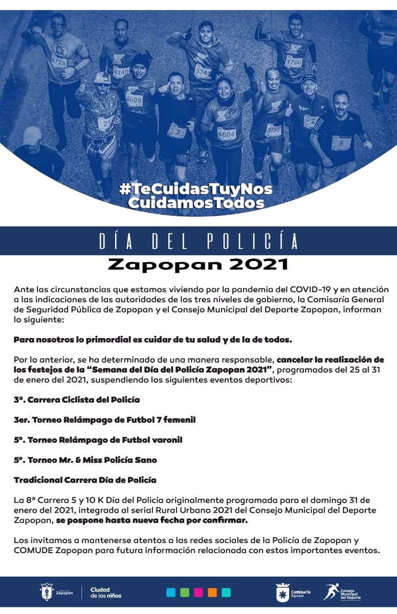 ComudeZapopan's tweet photo. En cumplimiento a las disposiciones de las autoridades sanitarias por la pandemia de Covid-19, los diversos eventos programados de manera conjunta entre la Policía de Zapopan y Comude Zapopan, se suspenden hasta nuevo aviso. @PoliciaZapopan https://t.co/pGtpJr8DOh