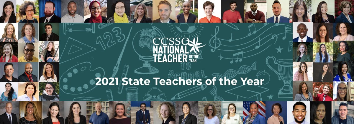 CCSSO's tweet photo. NEW: @CCSSO is proud to introduce the 2021 State Teachers of the Year! 

Visit https://t.co/uRoei4g4e7 to learn more about who will represent your state. #NTOY21 https://t.co/0nKk8YeZy3