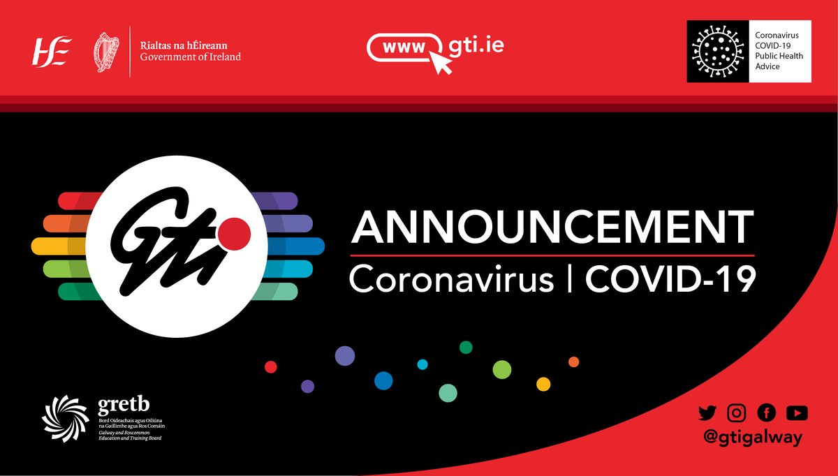 In line with Level 5 COVID-19 restrictions, ALL CLASSES will move to ONLINE delivery from Mon 11th January 2021 until further notice. This will be reviewed on an ongoing basis. Your teachers will be in contact over the coming days with further information. #StaySafe #GRETB🧑‍💻😷💻