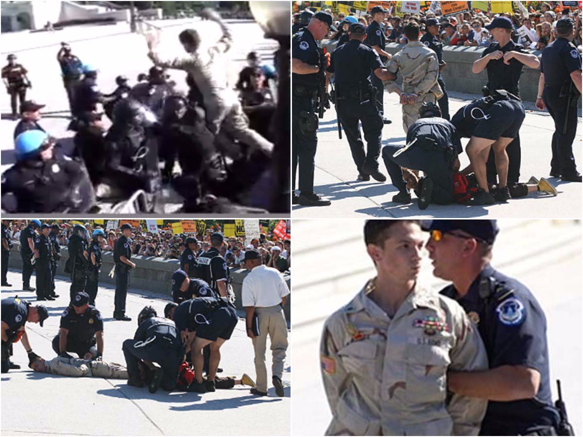 In 2007 Iraq veterans tried to march to the Capitol building to protest the war. Riot police instantly arrested anyone who tried to reach just the Capitol steps; about 100 veterans and 200 of their supporters