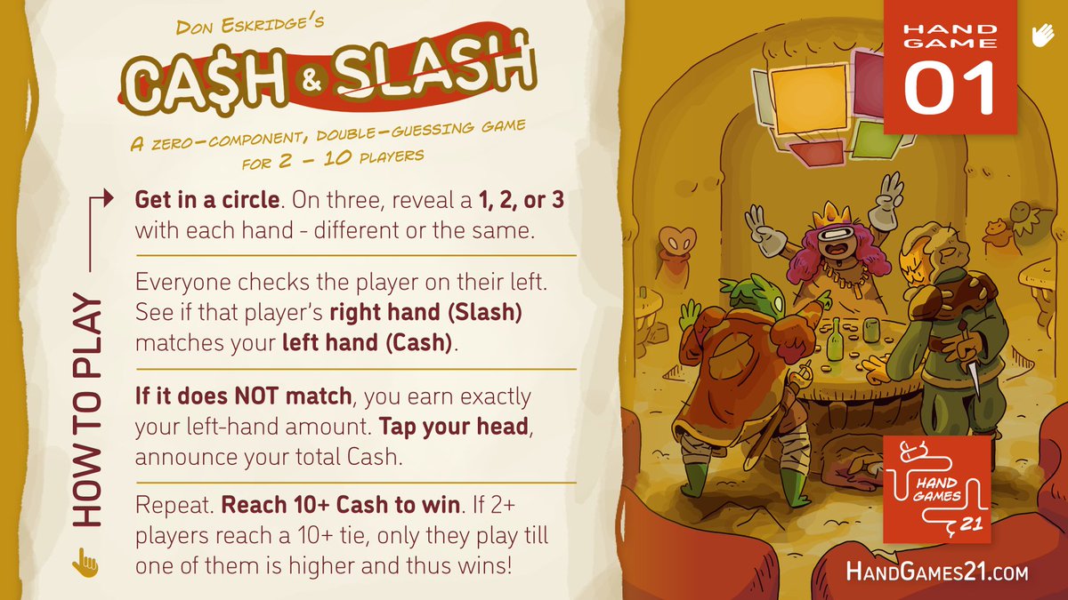 First game in the Hand Games 21 project: Cash &amp; Slash!

This is a hand game; it's free, and all the rules are right here. Grab a friend or start a video chat and give it a go!

Game <a href="/Don_Eskridge/">Don Eskridge</a> 
Art <a href="/ZakEidsvoog/">Zak Eidsvoog</a>
#handgames21

Play, share, &amp; watch this space for more hand games!