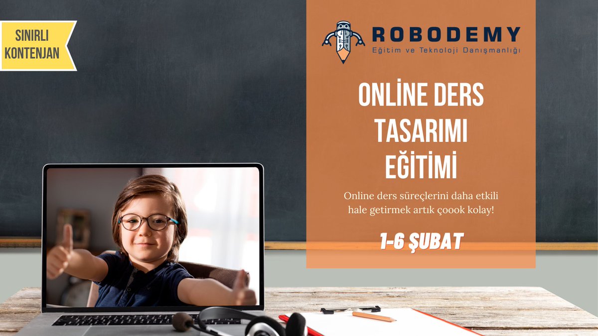 Derslerinizde öğrencilerinizi daha aktif mi görmek istiyorsunuz?  Online Ders Tasarımı Eğitimi ile artık daha etkili dijital dersler tasarlayabilirsiniz. Sizde bu eğitimden yararlanmak istiyorsanız Linkten formu doldurabilirsiniz. robodemy.com/online-ders-ta…
