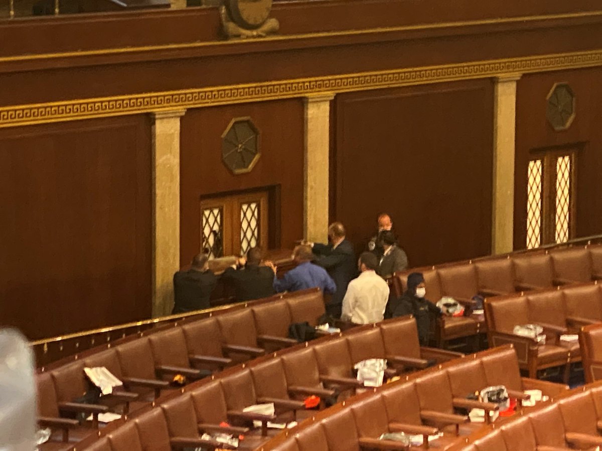 billritter7's tweet photo. inside the Capitol chambers .. guns drawn ... protesters storm Capitol after Pres. Trump urges them to march there. with Trump flags. and MAGA gear. Pres. said he would join them.  he didn't. It is time for all this to stop. https://t.co/az6xBsbK3H
