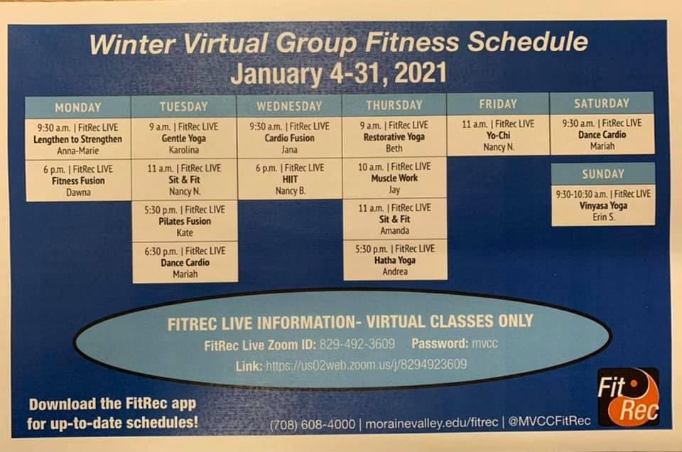 Check out the latest Virtual Group Fitness schedule! Join us tonight at 6pm for HIIT with Nancy! 🏋️‍♀️