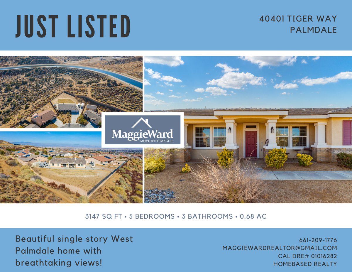 WardRealtor's tweet image. #JustListed! This beautiful #singlestory West Palmdale home features breathtaking views of the foothills! Nestled in the back of a quiet neighborhood, the oversized lot is one of the largest in the tract! bit.ly/3noxeHY
#HomebasedRealty #MoveWithMaggie #MaggieWardRealtor