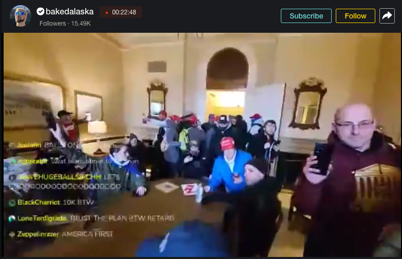 50/ "America first!" shouts Neo-Nazi livestreamer Baked Alaska from inside a Senate office."I told you to trust the plan," he says, referencing the QAnon conspiracy theory recently mainstreamed by the GOP.