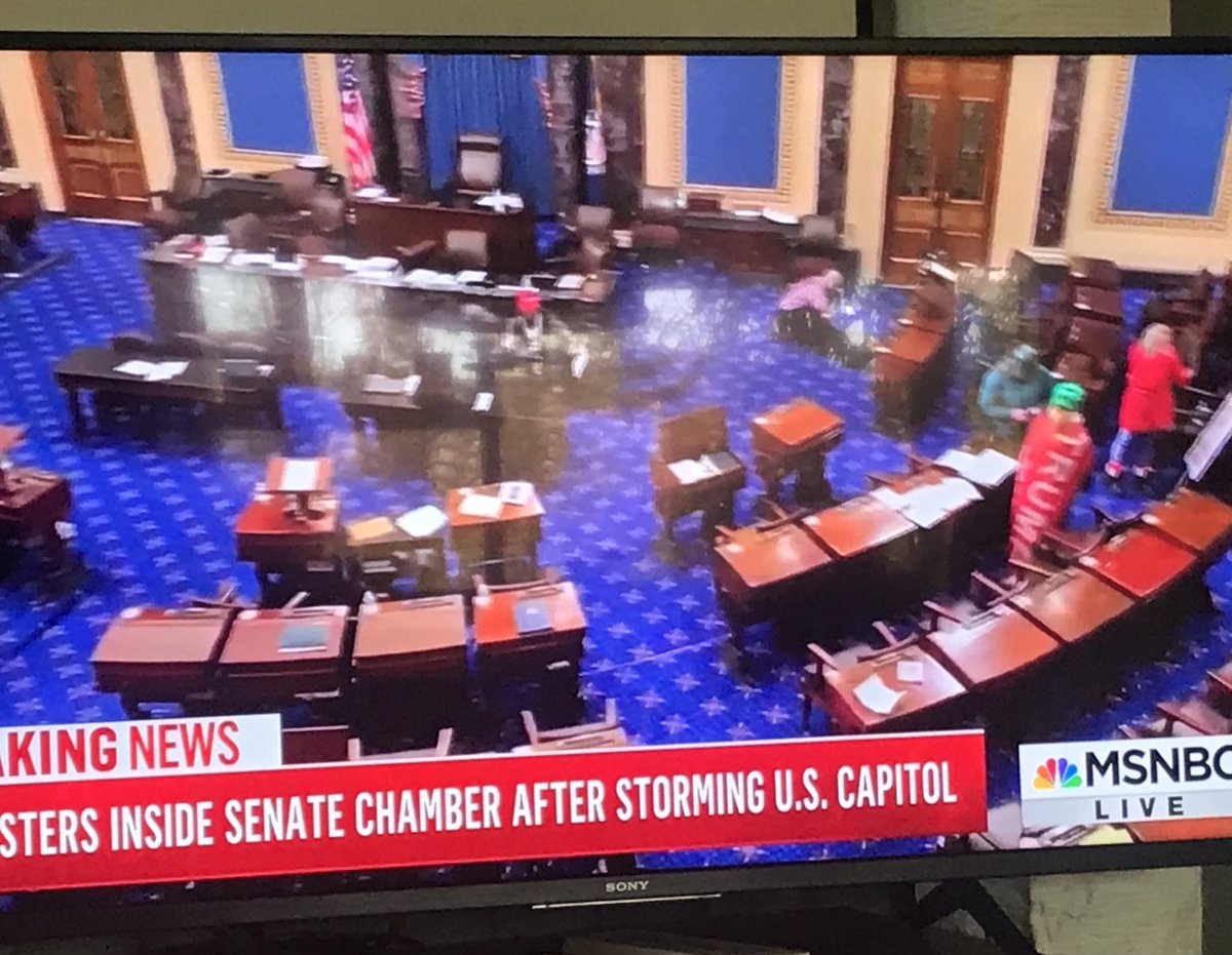 HollandTaylor's tweet photo. Watching these people wearing Trump capes wandering through the house and senate chambers, taking pictures of papers on members’ desks- Trump is currently the president. This is his watch. Did he give some orders to the Capitol police? How has this extraordinary breach been made? https://t.co/QHqVwCTffi