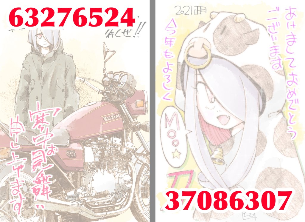 年賀絵と寒中見舞い絵をセブンイレブンのネットプリントに登録しました(^^)。

年  賀:37086307
寒中見舞:63276524

一枚あたり60円かかります。 