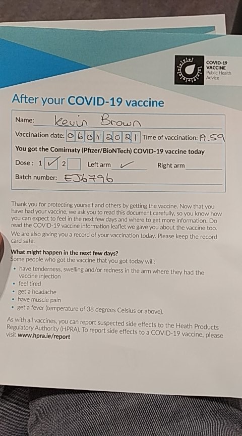 Part 1 of the vaccine done. This is a really important time for this pandemic, and we could be at a crucial turning point. Please step up when the time comes <a href="/HSELive/">HSE Ireland</a>