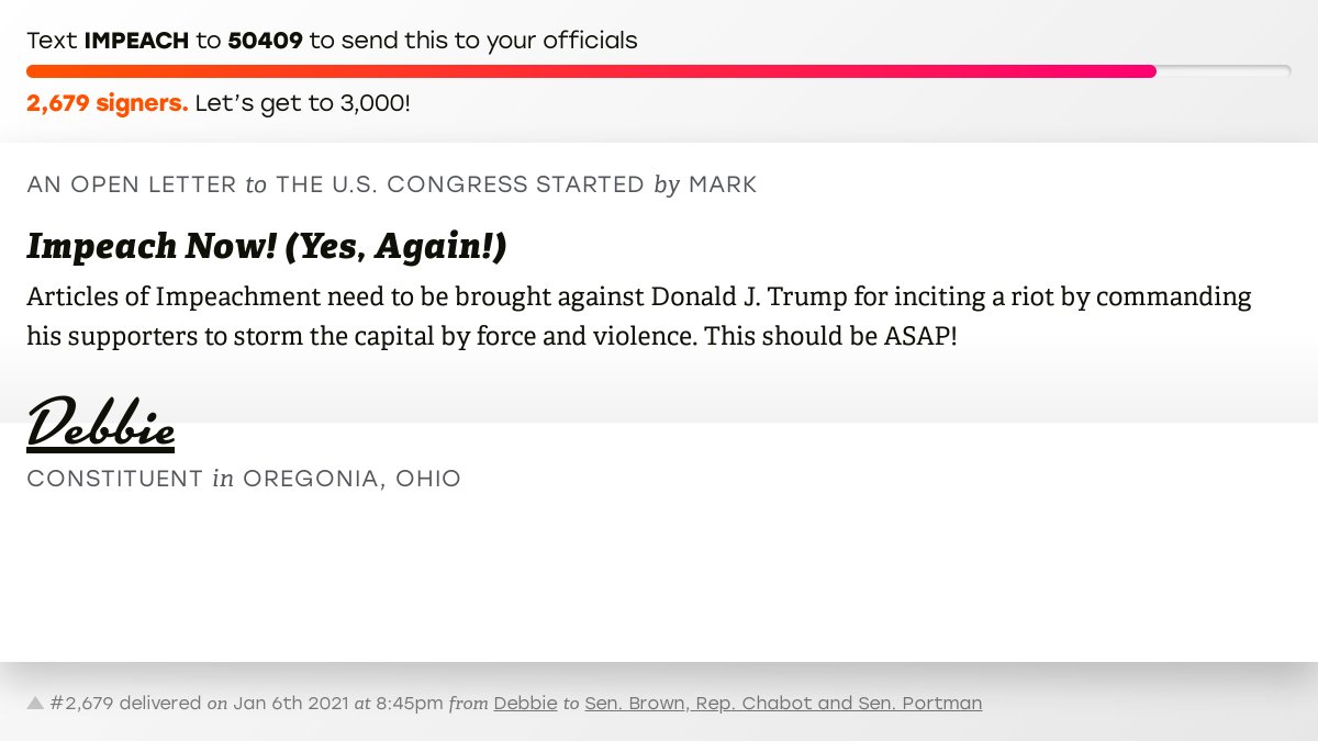 openletterbot's tweet image. 🖋 Sign “Impeach Now! (Yes, Again!)” and I’ll deliver a copy to your officials: 

📨 No. 2,679 is from Debbie to @SenSherrodBrown, @RepSteveChabot and @SenRobPortman #OH01 #OHpol