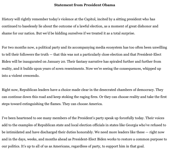 BREAKING: Former President Obama: 

"History will rightly remember today’s violence at the Capitol, incited by a sitting president who has continued to baselessly lie about the outcome of a lawful election ... But we’d be kidding ourselves if we treated it as a total surprise."