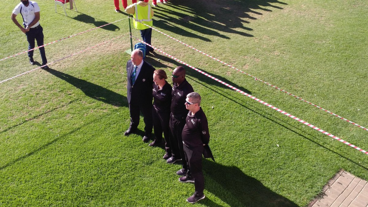A random yarn about Claire Polosak who becomes the first woman to officiate in a men's Test match today.We at  @EmergingCricket were in Namibia in April 2019 for World Cricket League 2, where she became the first woman to officiate as an on-field umpire in a men's ODI.